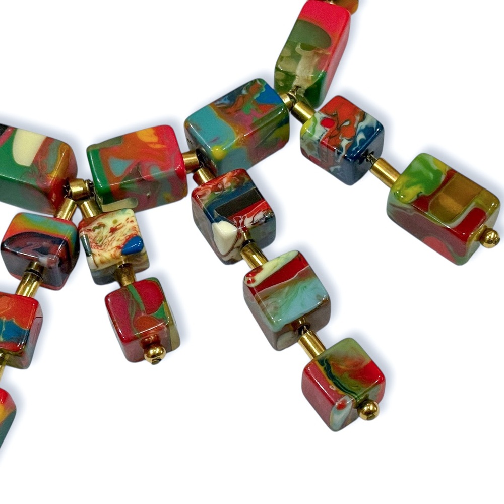Unique Resin Necklace Beaded with Colorful Square Cube Chunks - Picture 9 of 16